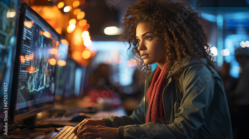 Busy Young African American Girl Working on a Computer In An Office Setting. Generative AI. © Andy Dean