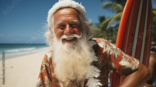 A Tan Surfer Santa Claus Enjoying a Tropical Vacation on the Beach. Generative AI.