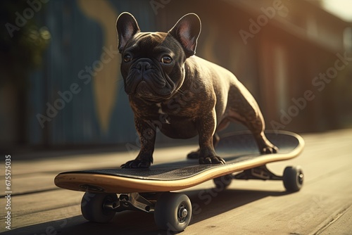 Cute French bulldog riding a skateboard in the city photo