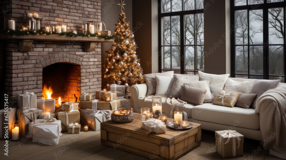 Fototapeta premium Cozy living room with Christmas tree and presents. Stylish living room interior with decorate.