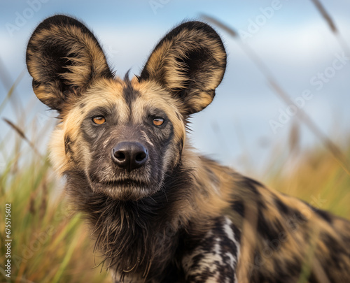 An African Wild Dog Stalking In The Tall Grass Of The Serengeti