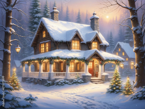 Christmas fairy tale, cottage decorated with bright and colorful Christmas decorations