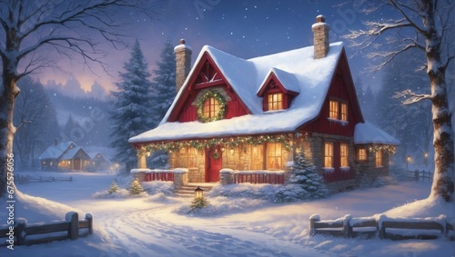 Christmas fairy tale  cottage decorated with bright and colorful Christmas decorations
