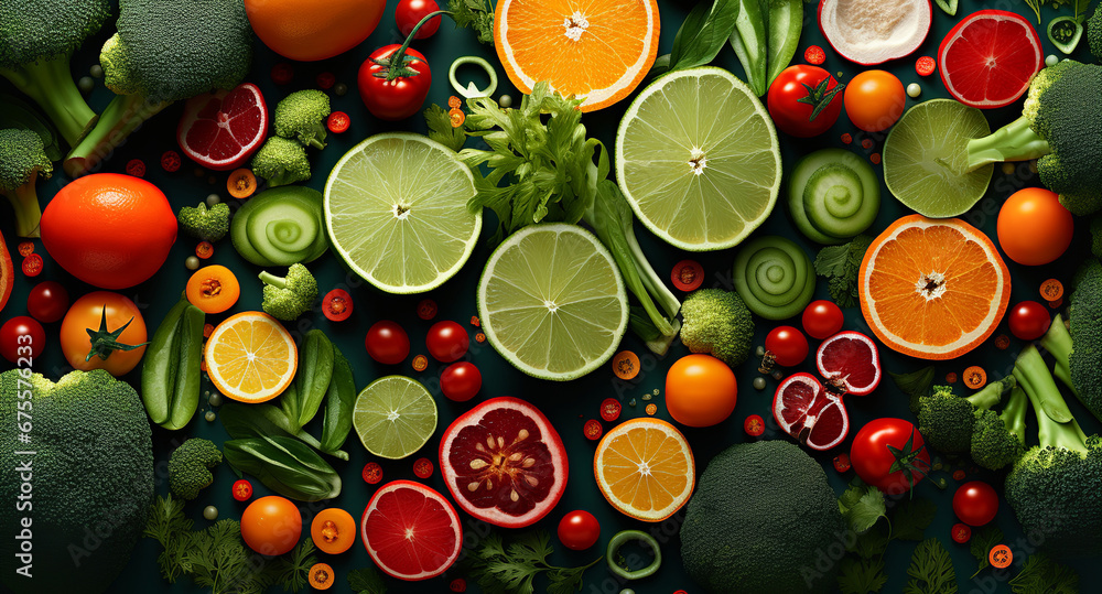 Fresh vegetables and fruits on dark background. Variety of raw vegetables. Flatlay, top view, copy space Fresh vegetables and fruits on dark background. Variety of raw vegetables. Flatlay, top view, copy space