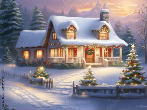 Christmas fairy tale, cottage decorated with bright and colorful Christmas decorations © A_A88