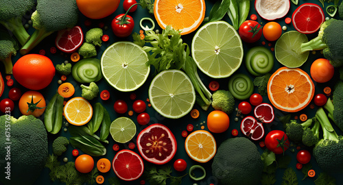 Fresh vegetables and fruits on dark background. Variety of raw vegetables. Flatlay, top view, copy space 