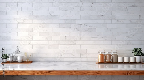 Empty marble counter over subway tile wall background, clean bright product display