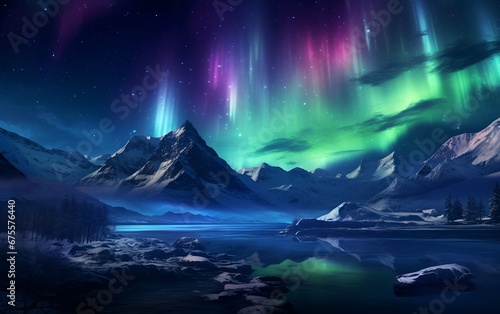 Stunning Dreamlike Aurora Borealis over Snowy Mountains