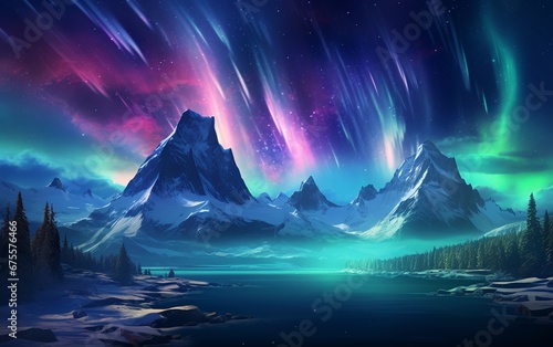 Stunning Dreamlike Aurora Borealis over Snowy Mountains