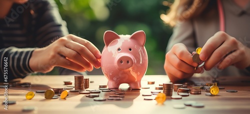 young couple saving money on piggybank