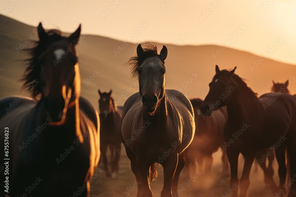 A herd of beautiful horses. Brown stallion in a field