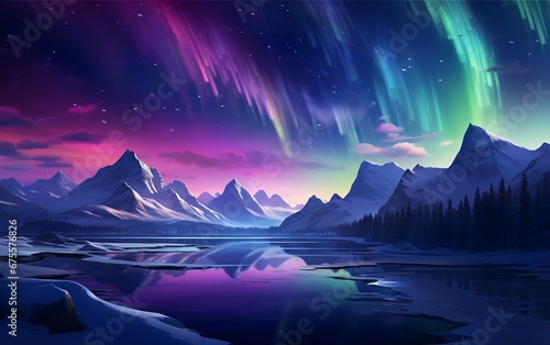 Aurora Borealis and Snowy Mountains in Ethereal Atmosphere