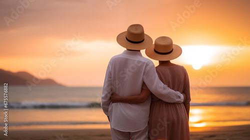Elderly married couple weating straw hats and staying on the beach and looking at sunset. For banner design. Retirement and Vacation concept