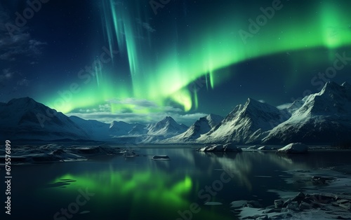 Aurora Borealis and Snowy Mountains in Ethereal Atmosphere © Harry
