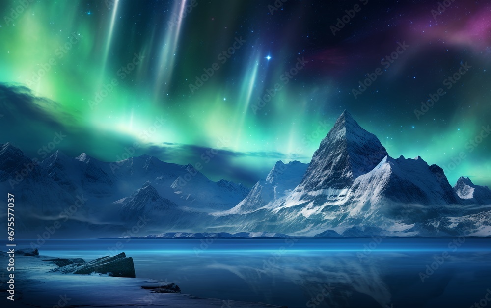 Aurora Borealis and Snowy Mountains in Night Sky
