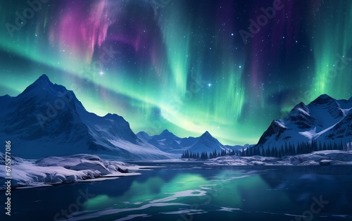 Aurora Borealis and Snowy Mountains in Night Sky © Harry