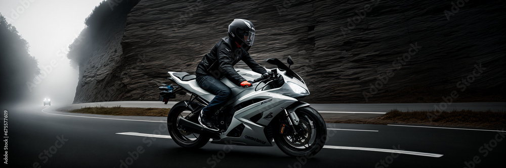 Man on bike with black helmet in motion wide image