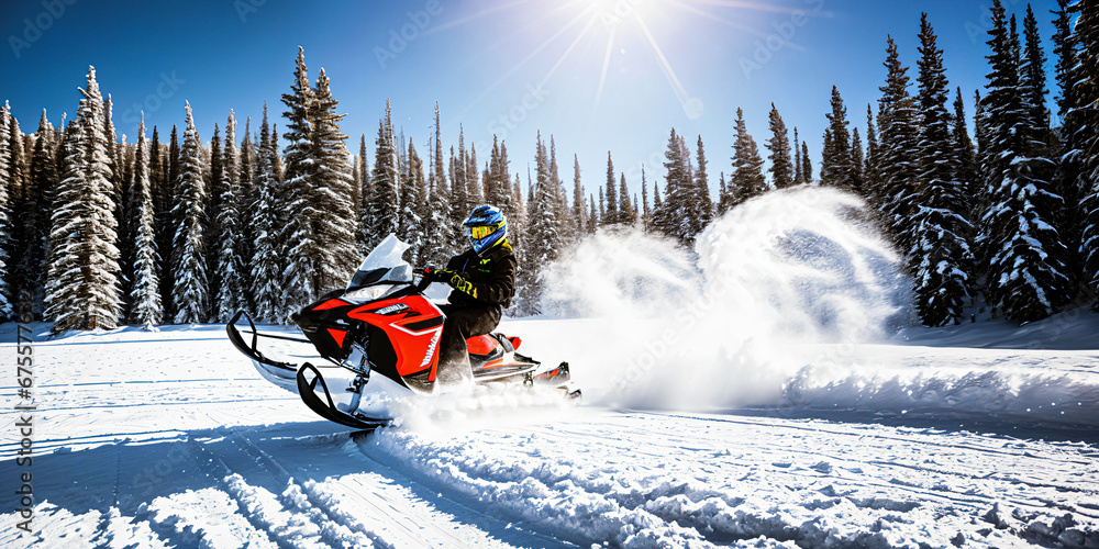 Man on red snowmobile with forest background wide image
