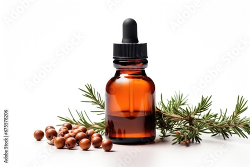 A bottle of essential oil next to a branch of a tree. Juniper berry oil.