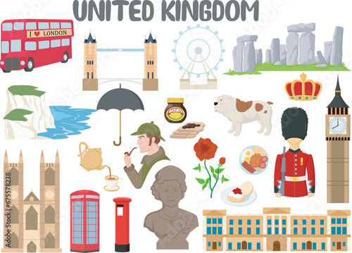 Set of United Kingdom famous landmarks