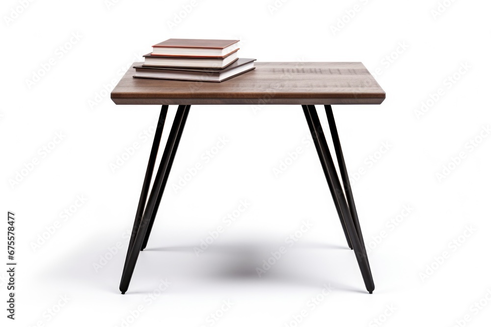 A table with a stack of books on top of it. A table with a stack of books on top of it.