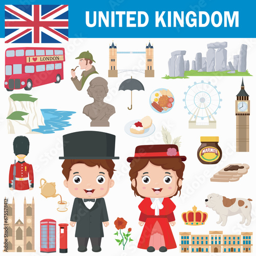 Set of United Kingdom famous landmarks