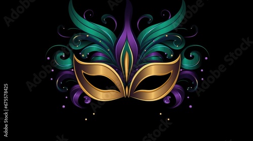 A purple and green masquerade mask on a black background. Mardi Gras decorative element.