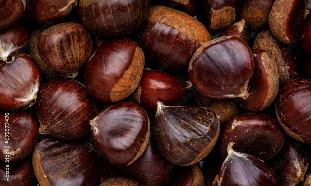 Fresh edible chestnuts, autumn harvest, top view Fresh edible chestnuts, autumn harvest, top view