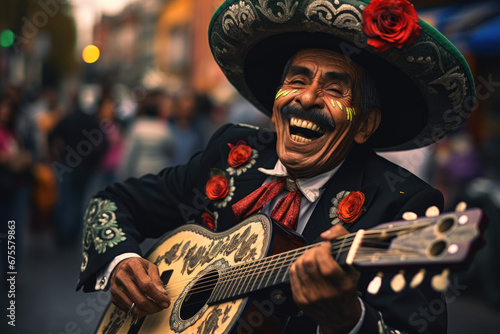 Dia de los Muertos Fiesta. Person Dressed as Mariachi Musician Entertaining with Lively Music. AI Generative