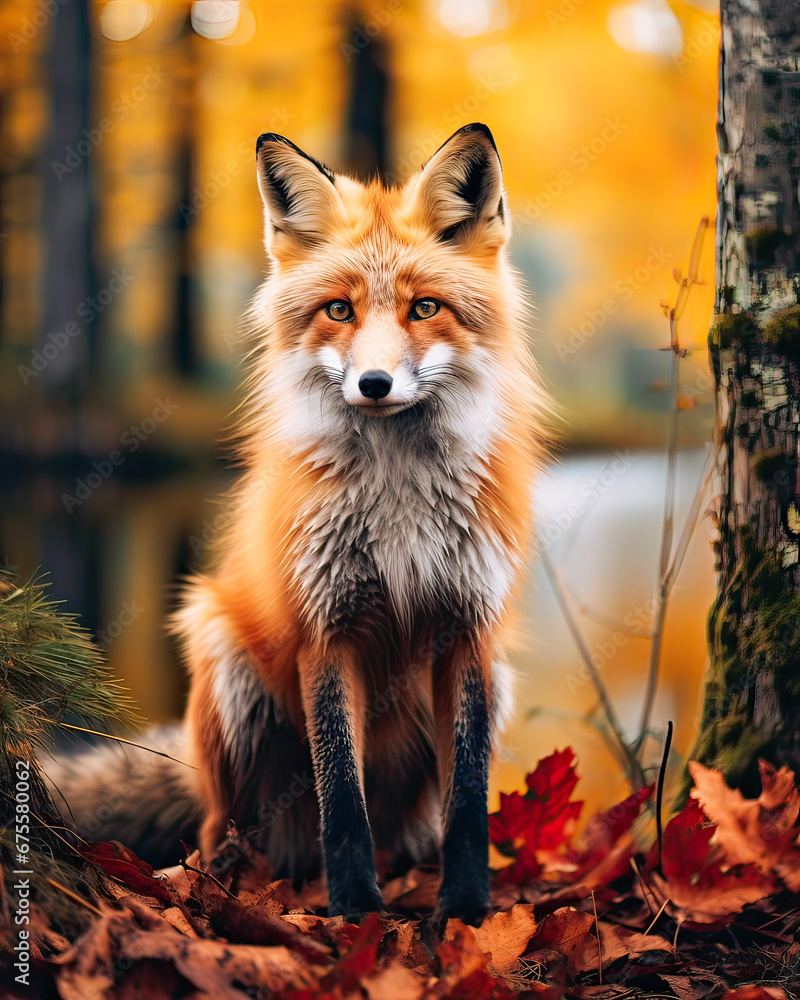 Naklejka premium Fox in autumn forest with reflective lake.