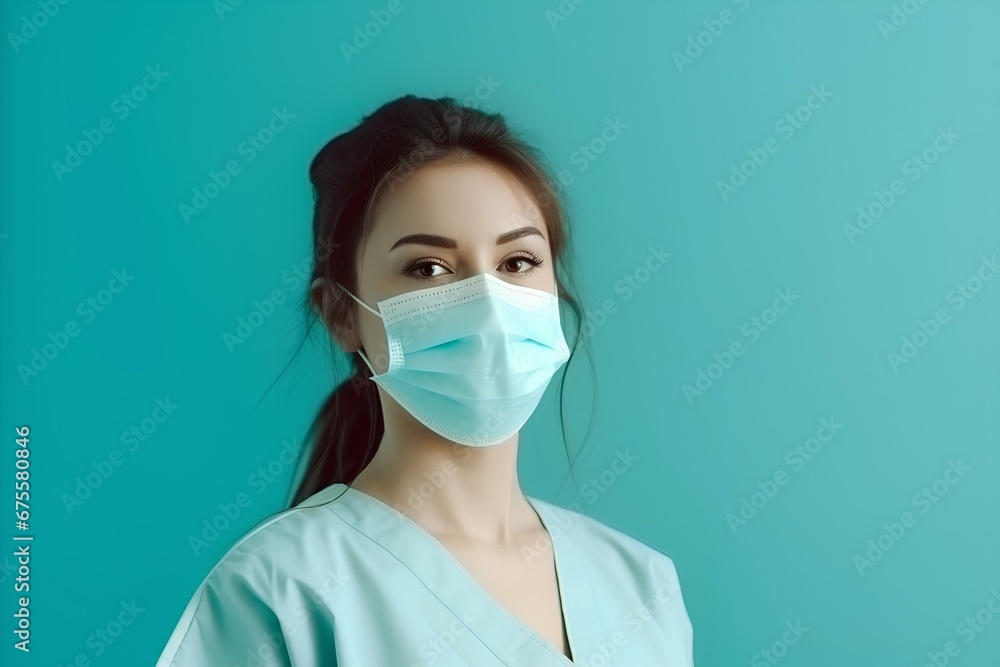 an operating room nurse wearing a sanitary mask. against a pastel turquoise background. generative AI an operating room nurse wearing a sanitary mask. against a pastel turquoise background. generative AI