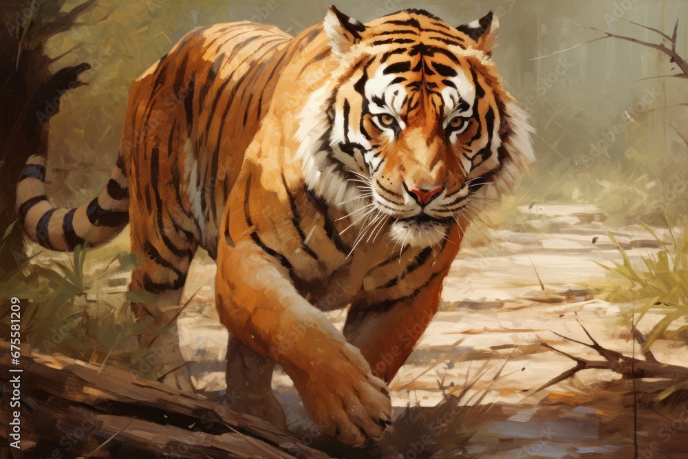 Obraz premium Bengal tiger in oil painting style. Tiger walking among the forest. Beautiful background, decorative wall decoration, postcard, poster, banner design.