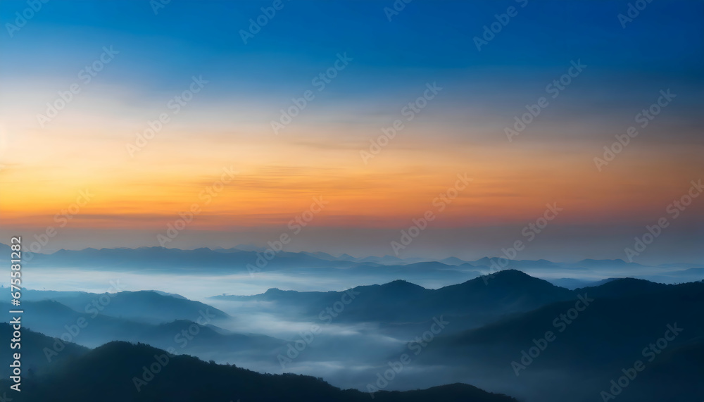 A beautiful landscape featuring misty mountains shrouded in fog and clouds. Harmonious fusion of orange and blue tones, creating a serene and breathtaking natural view. ai generated