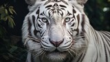 White bengal tiger. Free wild tiger in natural habitat in jungle. Proud look. Strength and power of a wild beast. Noble proud animal. Symbol of freedom. Beautiful background for design. Close up.