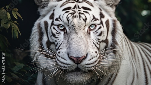 White bengal tiger. Free wild tiger in natural habitat in jungle. Proud look. Strength and power of a wild beast. Noble proud animal. Symbol of freedom. Beautiful background for design. Close up.