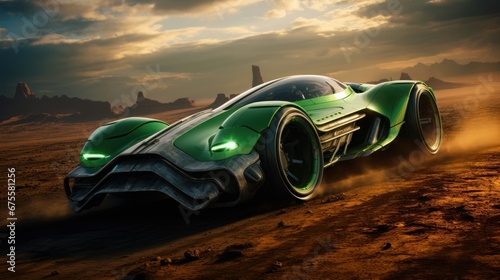 Emerald futuristic sports racing car races across the land of an alien planet. Futuristic concept of technologies of other worlds and civilizations. Extraterrestrial automobiles and technology. © Jafree
