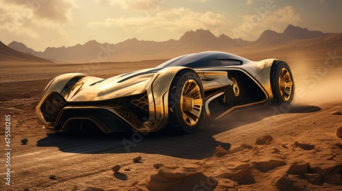 Golden futuristic sports racing car races across the land of alien planet. Futuristic concept of technologies of other worlds and civilizations. Extraterrestrial automobiles and technology.