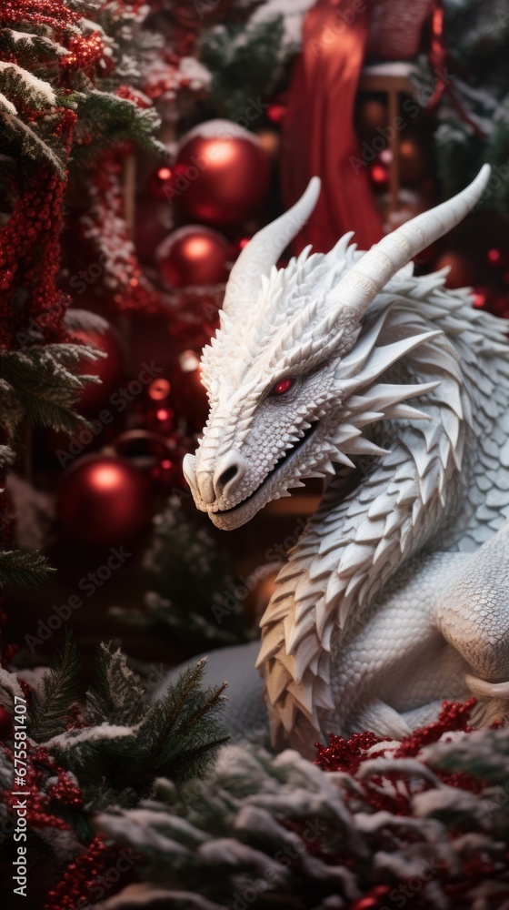 Obraz premium A figurine of the White Dragon against the background of New Year tree decorated with red decorations. Symbol of Chinese New Year. Zodiac sign of the Eastern horoscope. Vertical.