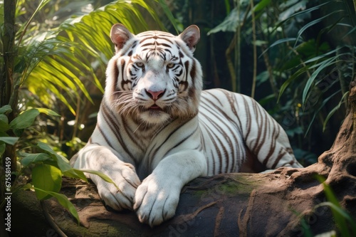 White Bengal tiger. Free wild tiger in natural habitat in forest among foliage. Proud look. Strength and power of wild beast. Noble proud animal. Symbol of strength and freedom. © Jafree