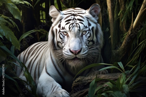 White tiger. Free wild tiger in natural habitat in the forest. Proud look. Strength and power of a wild beast. Noble proud animal. Symbol of strength and freedom. Beautiful background for design.