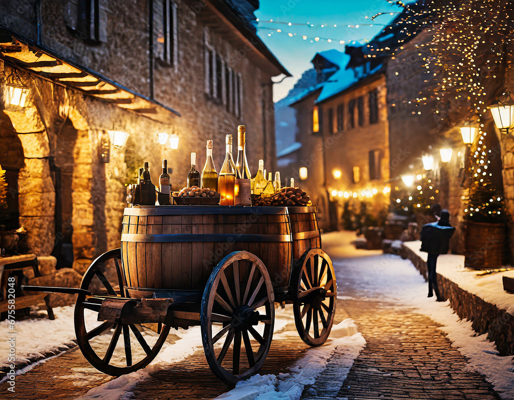 winter gastronomy on the streets of the medieval city center with a cart with barrels for wine and other drinks; festival concept, celebration, party, relaxation, and copy space