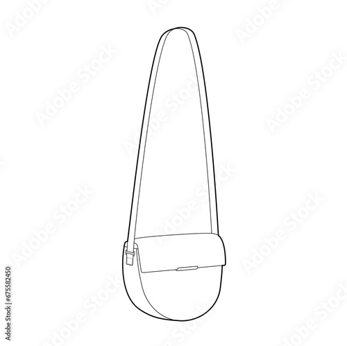 Saddle Cross-Body Bag with curved lines. Fashion accessory technical illustration. Vector satchel front 3-4 view for Men, women, unisex style, flat handbag CAD mockup sketch outline isolated