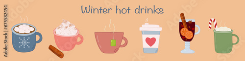 Set with different winter hot drinks, hot chocolate, coffee, tea, mulled wine, cocoa, vector