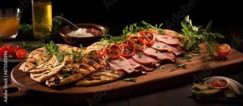 For dinner I enjoyed a delicious gourmet meal from Italy consisting of flatbread topped with savory herb infused pork succulent ham and crispy bacon all beautifully presented on a wooden se