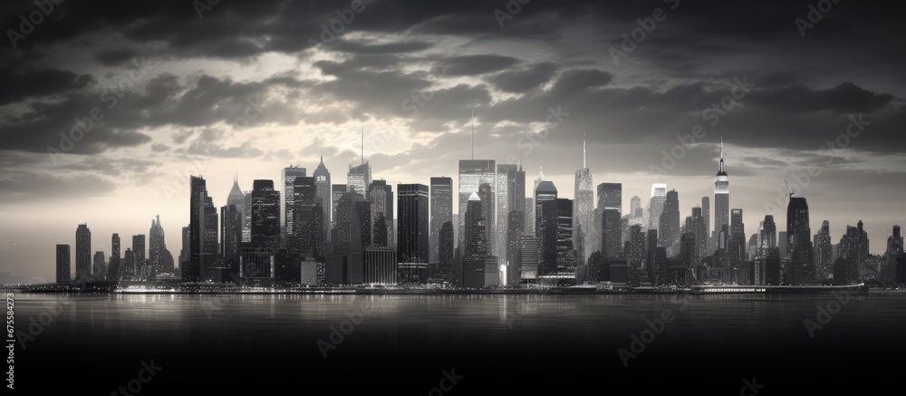 As the sun sets over the city the black and white skyline of Manhattan emerges showcasing its iconic skyscrapers that define the urban architecture in the new office buildings creating a br