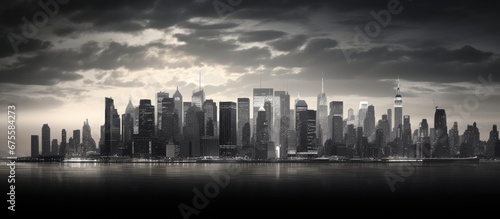 As the sun sets over the city the black and white skyline of Manhattan emerges showcasing its iconic skyscrapers that define the urban architecture in the new office buildings creating a br © TheWaterMeloonProjec