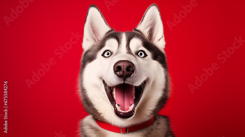 Close up photo of a very happy and excited husky dog with opened mouth in red collar on a red background photo