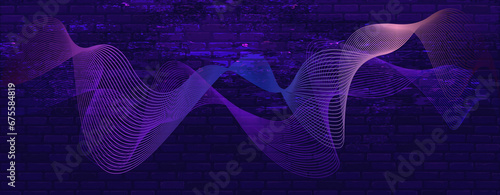 Dark purple background. Dynamic neon pink lines. Abstract template with brick texture and waves.