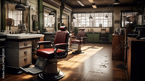 Beauty salon with chair, hair dryer, comb and mirror. Interior of empty modern hair and beauty salon. Interior barber shop.