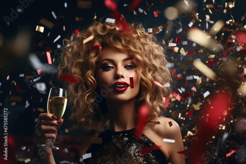 beautiful happy young woman having fun, holding glass of champagne against confetti background
